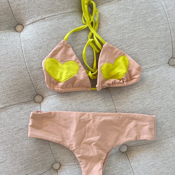 LOLLI SWIM Lover Heart Bikini Set in Nude/Citron, Top -S, Bottom-XS - Picture 3 of 9